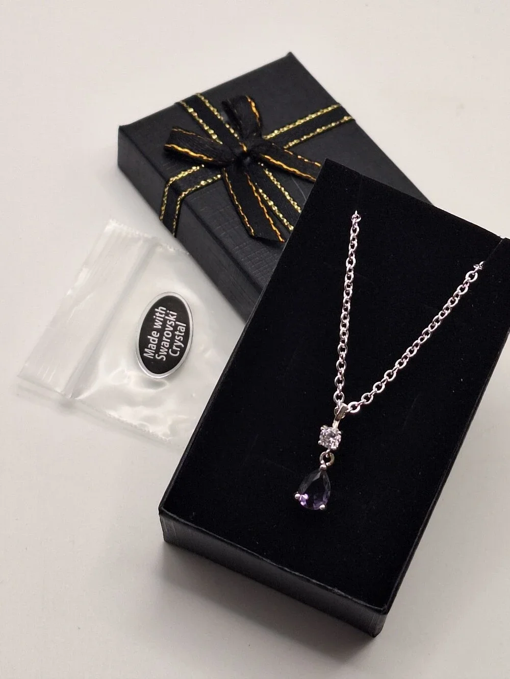 Swarovski NWT Purple Teardrop Crystal Silver Tone Pendant Necklace